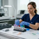 Coleta e preparo para exame de sangue em laboratório de análises clínicas