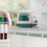 Profissional de laboratório segurando tubos de sangue, com alusão visual a células sanguíneas ao fundo