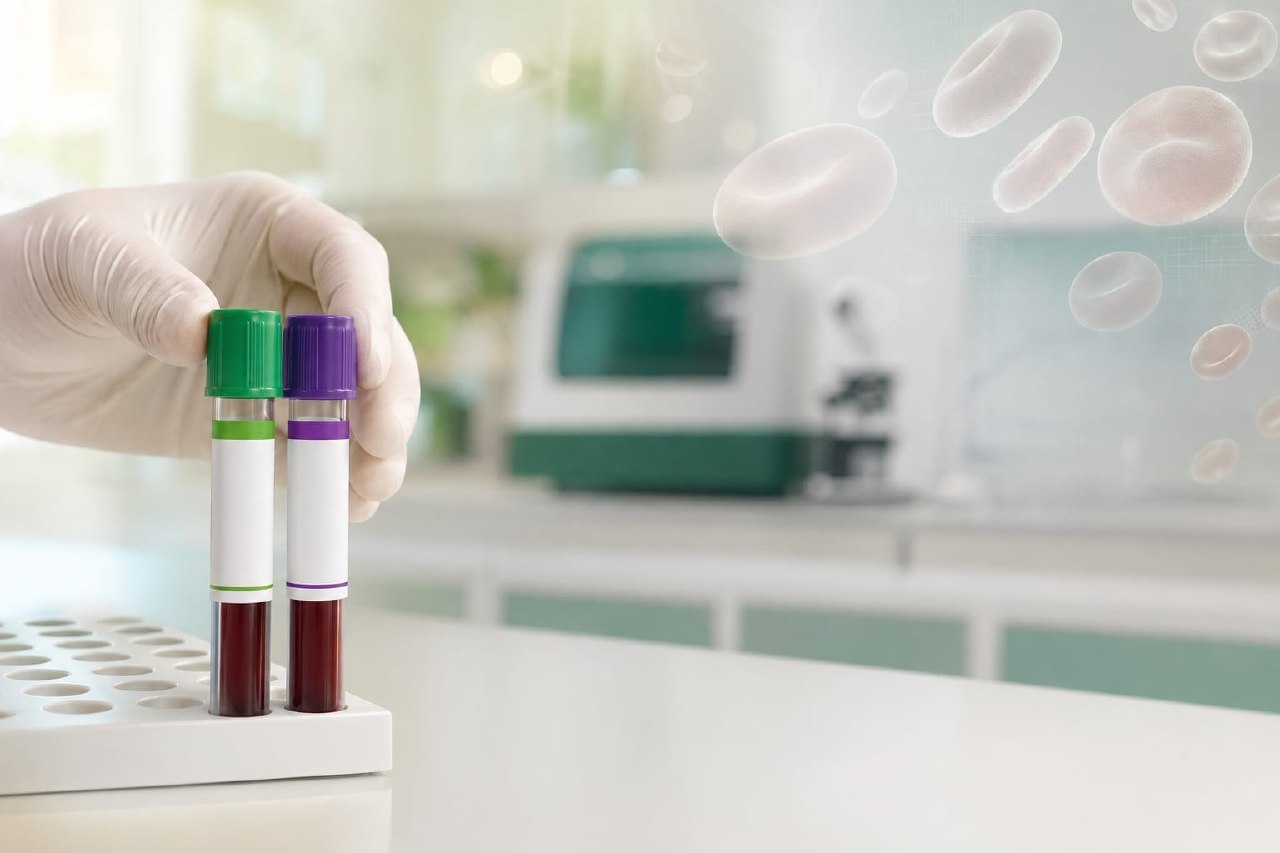 Profissional de laboratório segurando tubos de sangue, com alusão visual a células sanguíneas ao fundo
