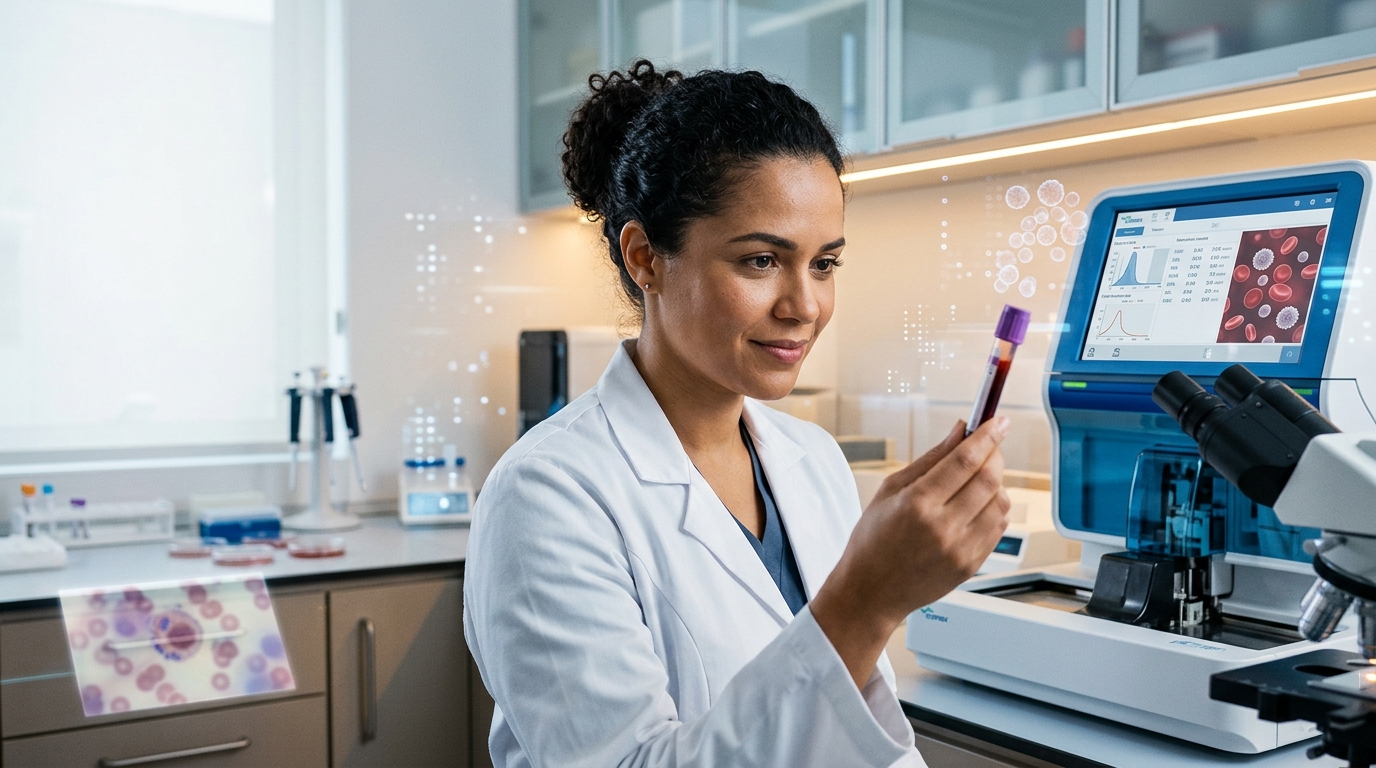 Profissional de laboratório analisando amostra para hemograma completo