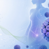 Ilustração científica do vírus HPV integrada a uma silhueta humana feminina, representando exames moleculares e prevenção em saúde