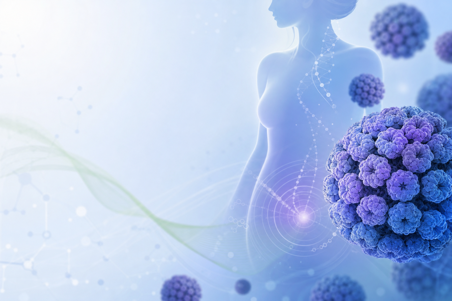 Ilustração científica do vírus HPV integrada a uma silhueta humana feminina, representando exames moleculares e prevenção em saúde