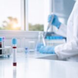 Bancada de laboratório com tubos de coleta e relógio ao fundo, representando exame de cortisol e importância do horário da coleta