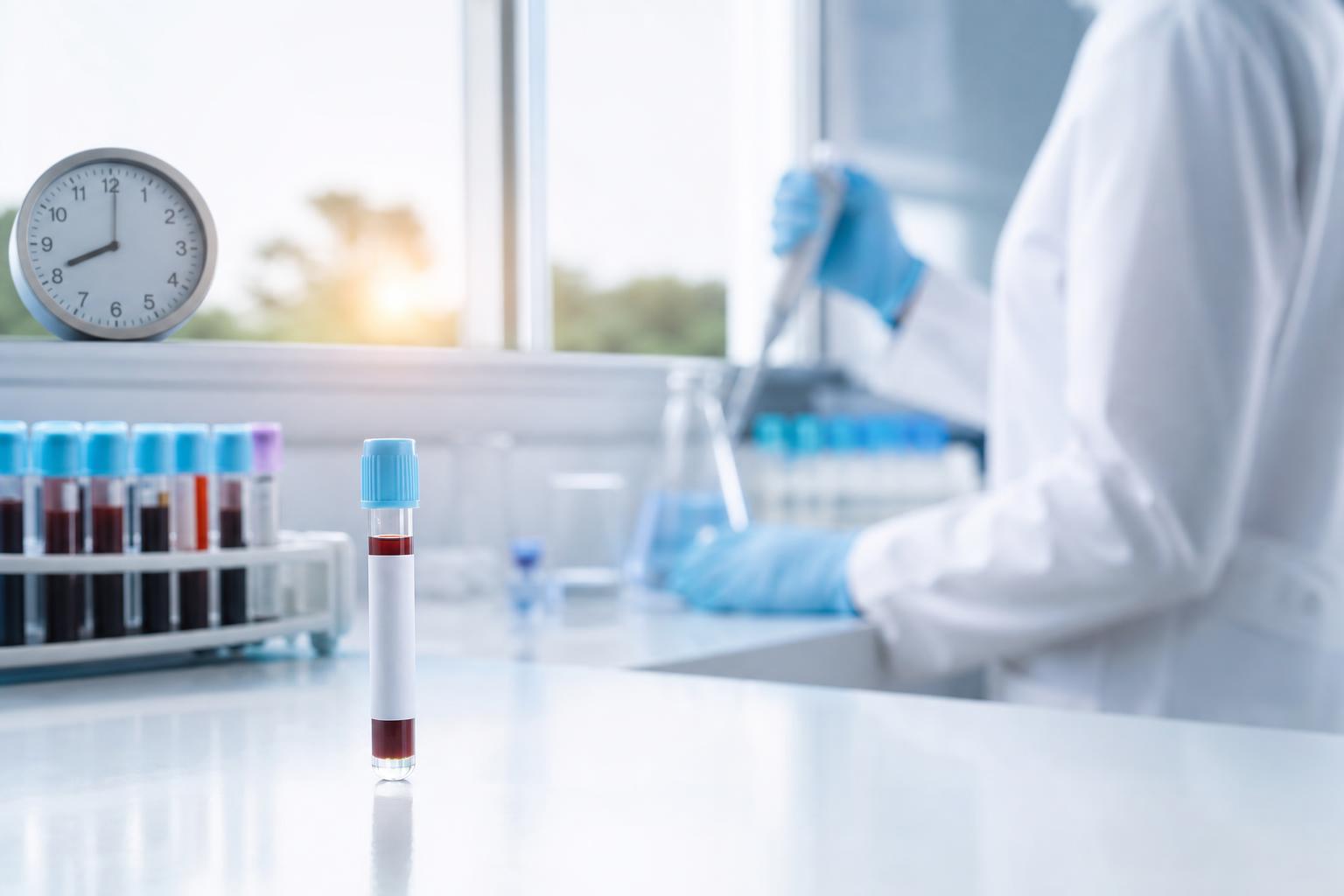 Bancada de laboratório com tubos de coleta e relógio ao fundo, representando exame de cortisol e importância do horário da coleta