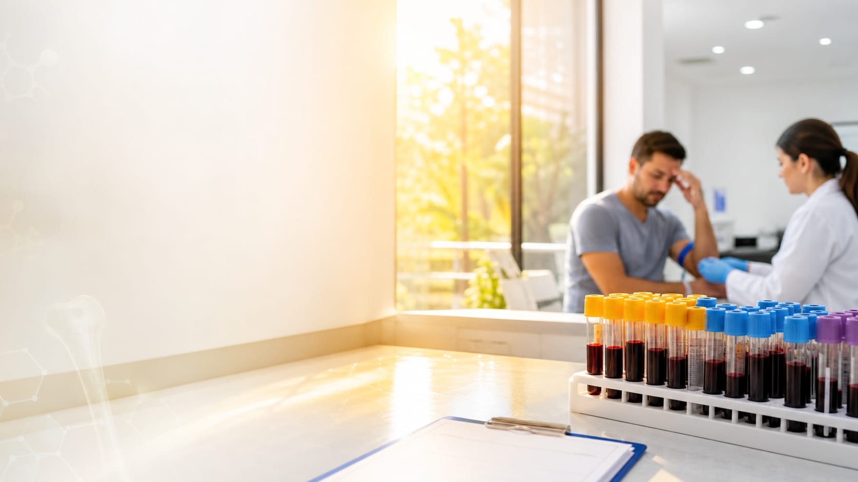 Capa editorial sobre exame de vitamina D com luz solar e contexto laboratorial