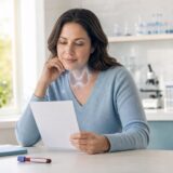 Mulher analisando resultado de exame com símbolo sutil de tireoide em ambiente doméstico claro