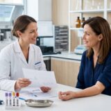 Paciente conversando com profissional em laboratório durante investigação de anemia e ferritina baixa